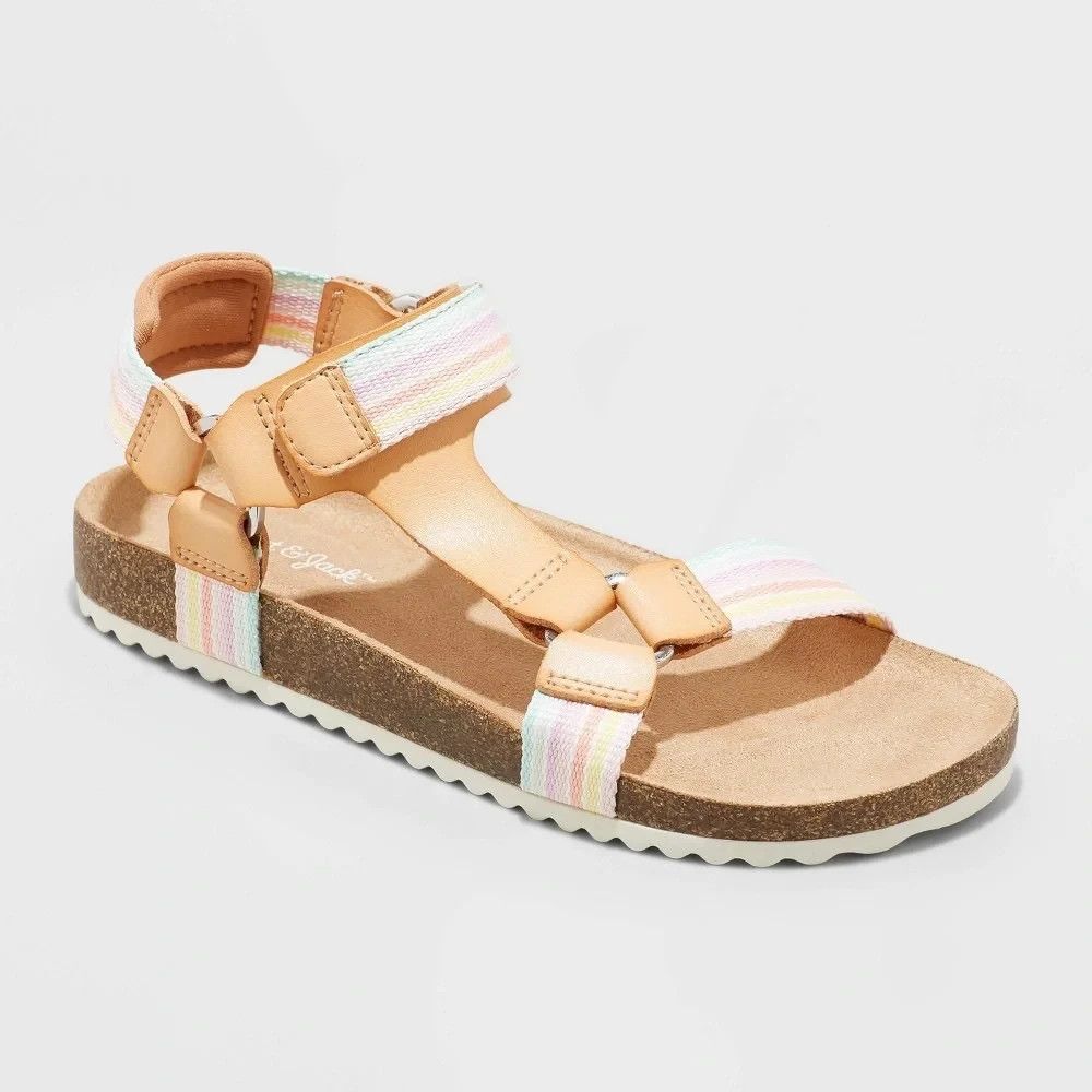 Cat & Jack Girls Size 4 Val Footbed Sandals Tan Rainbow Striped Strappy Open Toe
